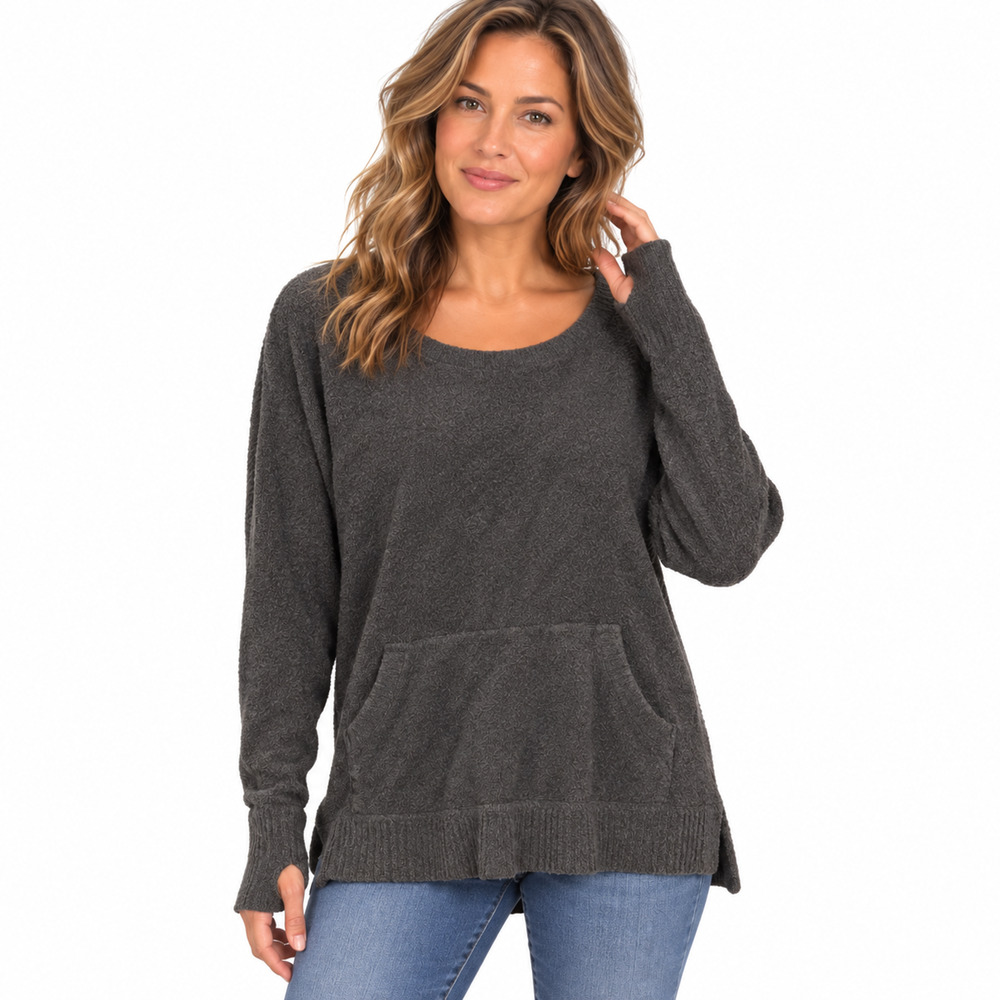 Barefoot Dreams Cozychic Lite 914 Raglan Pullover Dark Gray Sweater Pockets sz M